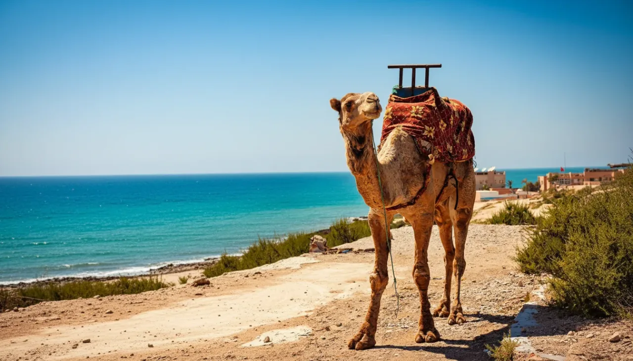 A close-up of a friendly camel in Agadir