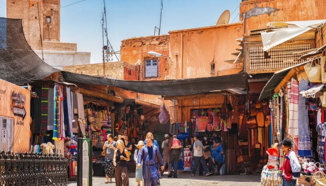 Traditional Moroccan lanterns hanging in a market stall