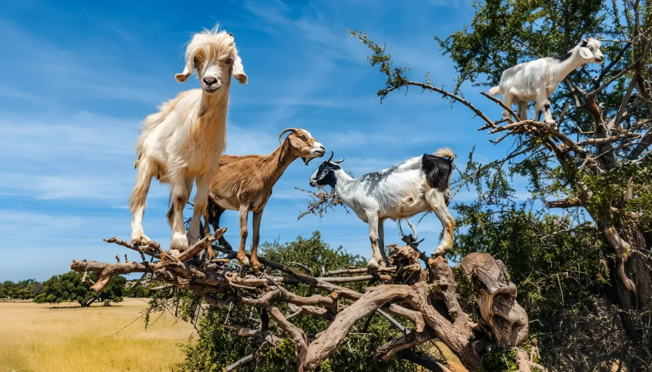 Goats perched on the branches of an argan tree in Morocco
