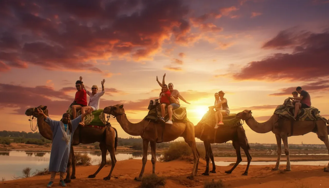 Couple enjoying a sunset camel ride in Agadir before BBQ dinner