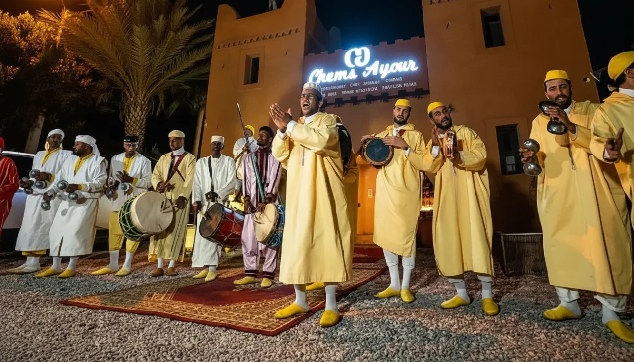 Gnaoua acrobats performing traditional stunts in Agadir