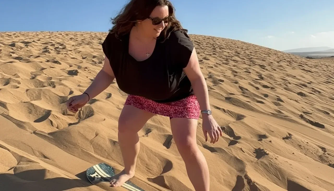 Traveler sandboarding down a dune toward the Atlantic ocean