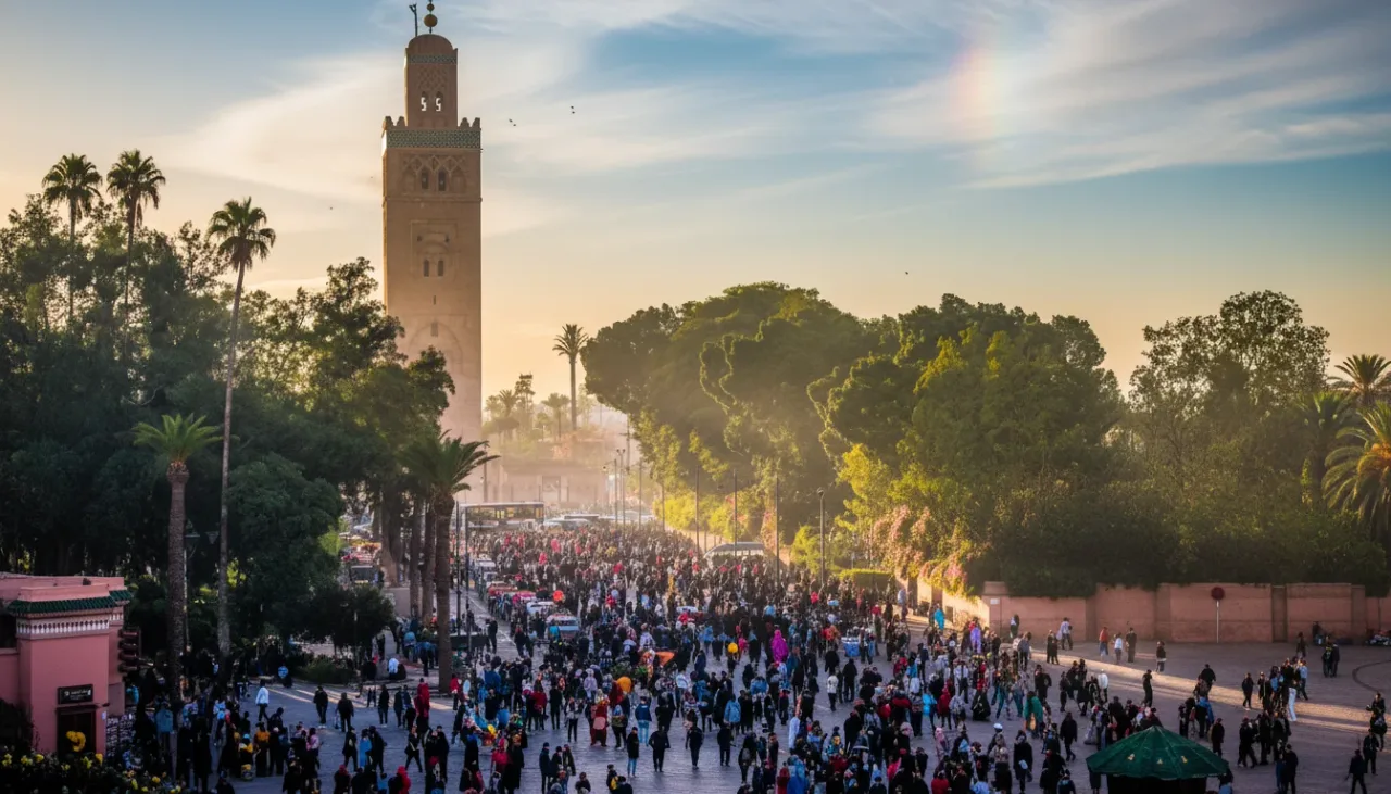The towering minaret of Koutoubia Mosque against a blue sky