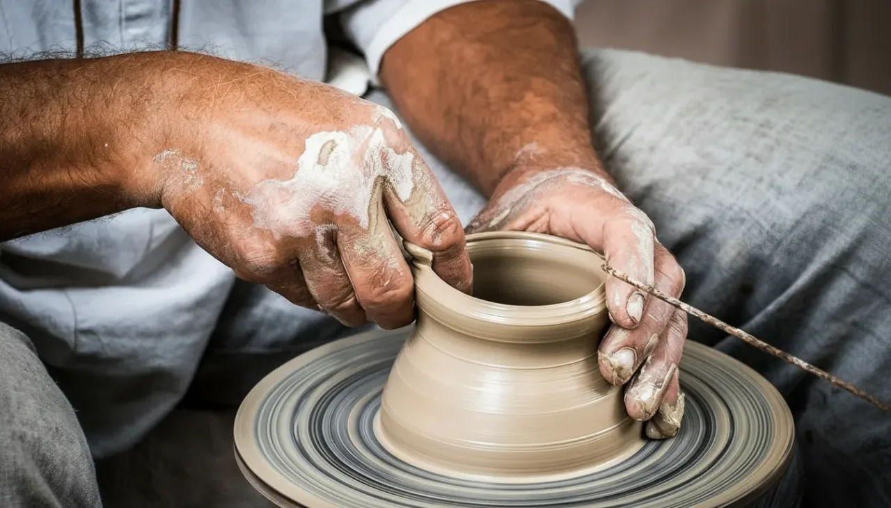 Freshly made clay bowls and vases drying in the sun