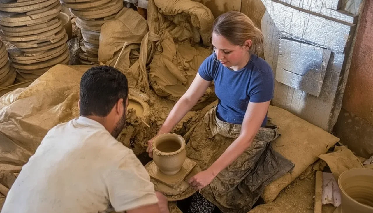 Hands shaping wet clay in a Moroccan workshop