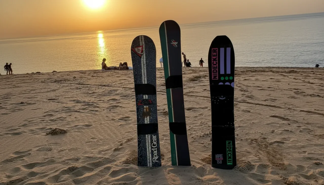Happy tourists posing with sandboards at the beach