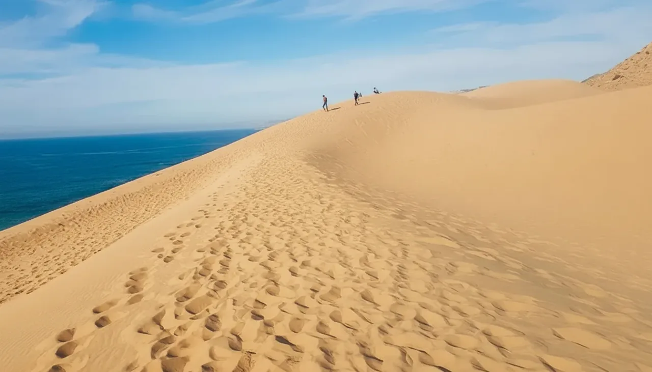 Traveler riding a camel on the crest of a sand dune